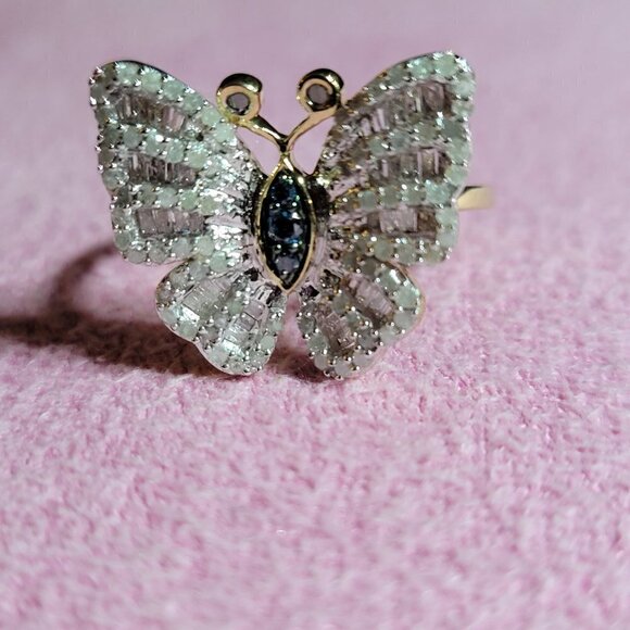 JTV Engild Blue and White Diamond Butterfly Ring 14K Gold Over Silver - Picture 1 of 7